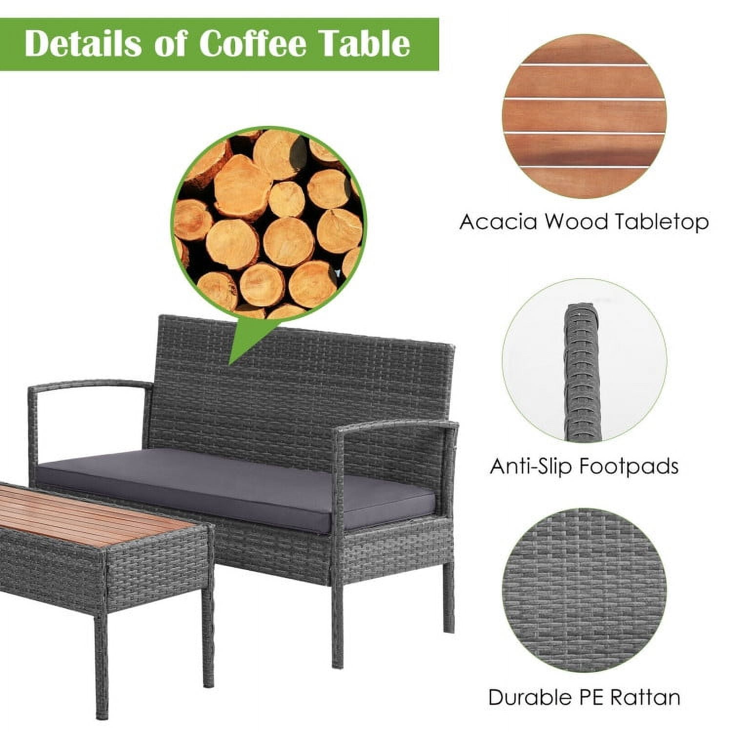 Aimee Lii Rattaner Outdoor Patio Furniture, 4 Pieces Patio Rattan Wicker Conversation Set Sofa Cushioned Wooden Tabletop, A-Gray Aimee Lii Rattaner Outdoor Patio Furniture, 4 Pieces Patio Rattan Wicker Conversation Set Sofa Cushioned Wooden Tabletop, A-Gray