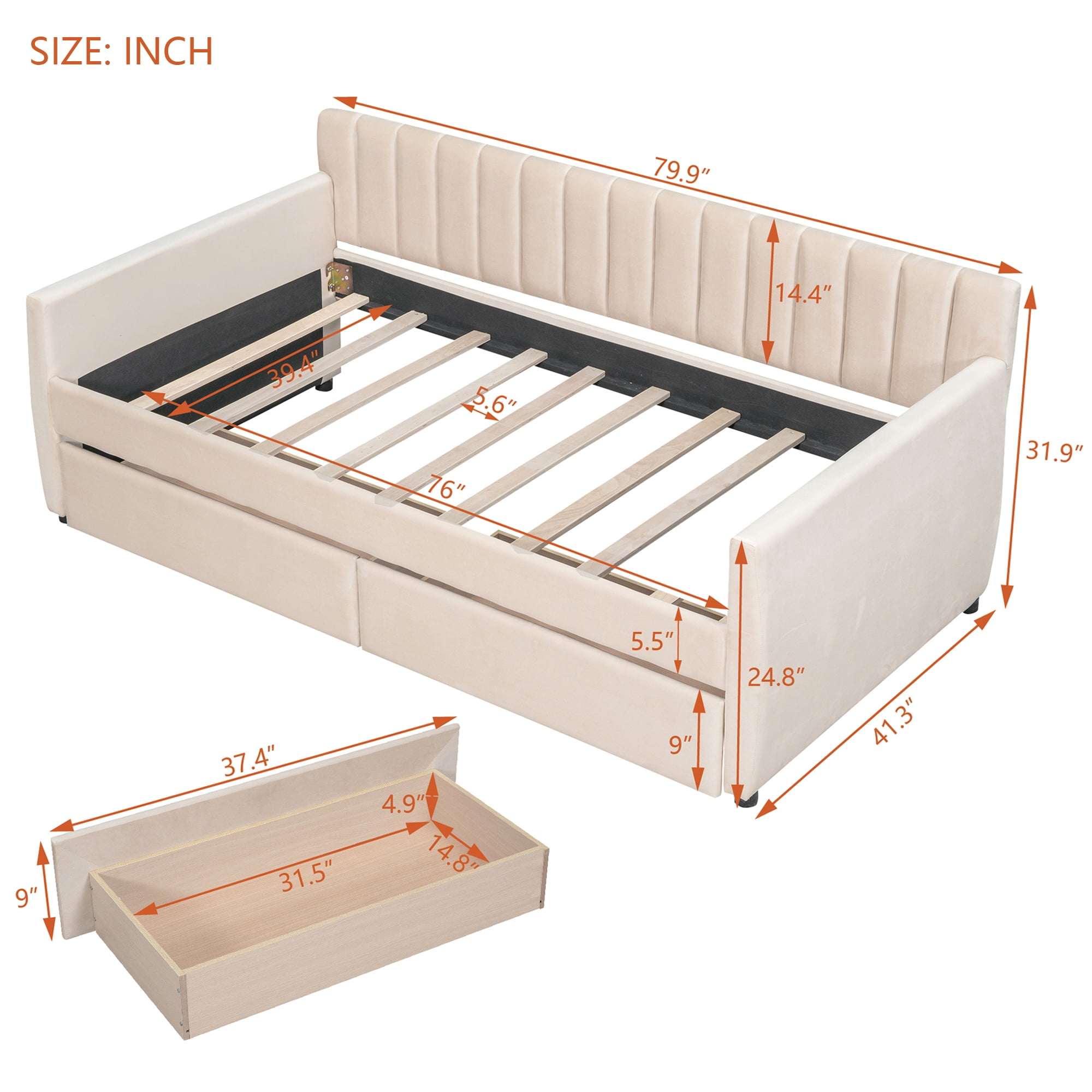 DEALTOPS Twin Size Upholstered Daybed with 2 Drawers for Bedroom Living Room Daybed Frame No Box Springs Need - Beige