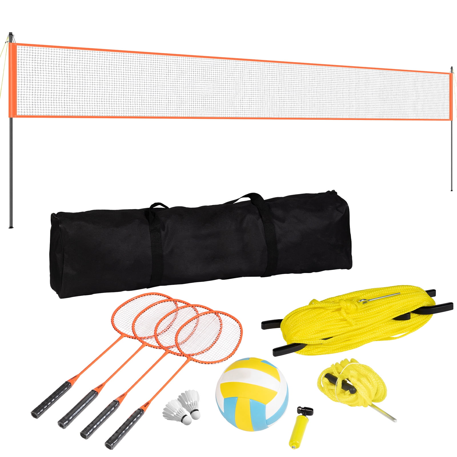 KFFKFF Volleyball and Badminton Net Kit Set, 3 x 32 ft Portable Outdoor Badminton Net with Adjustable Height Steel Poles, PVC Volleyball, Pump