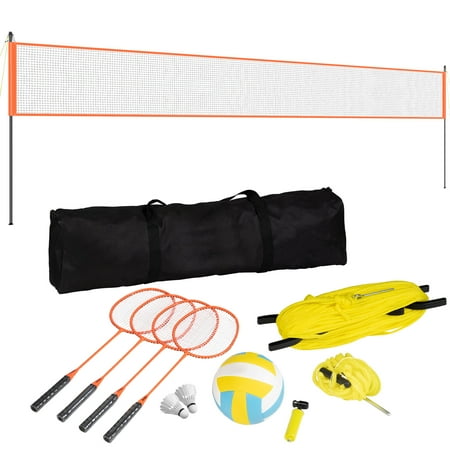 KFFKFF 2 in 1 Volleyball and Badminton Set, 32x3ft Outdoor Portable Badminton Net, with Adjustable Height Steel Poles, PVC Volleyball & 4 Badminton Rackets & 4 Shuttlecocks & Pump