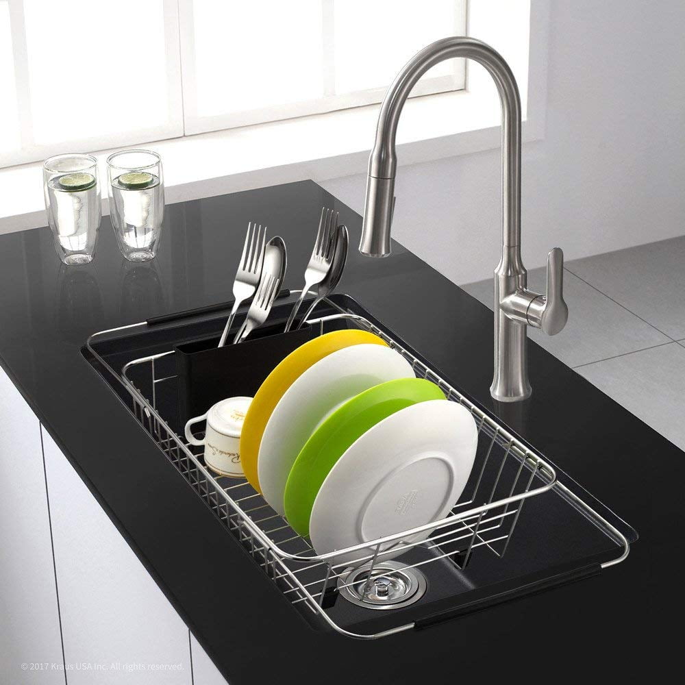 SANNO Over The Sink Expandable Dish Drying Rack, Dish Drainer,Dish Rack Dish Drainer Rack Plate Holder Basket in Sink with Utensil Silverware Storage Holder