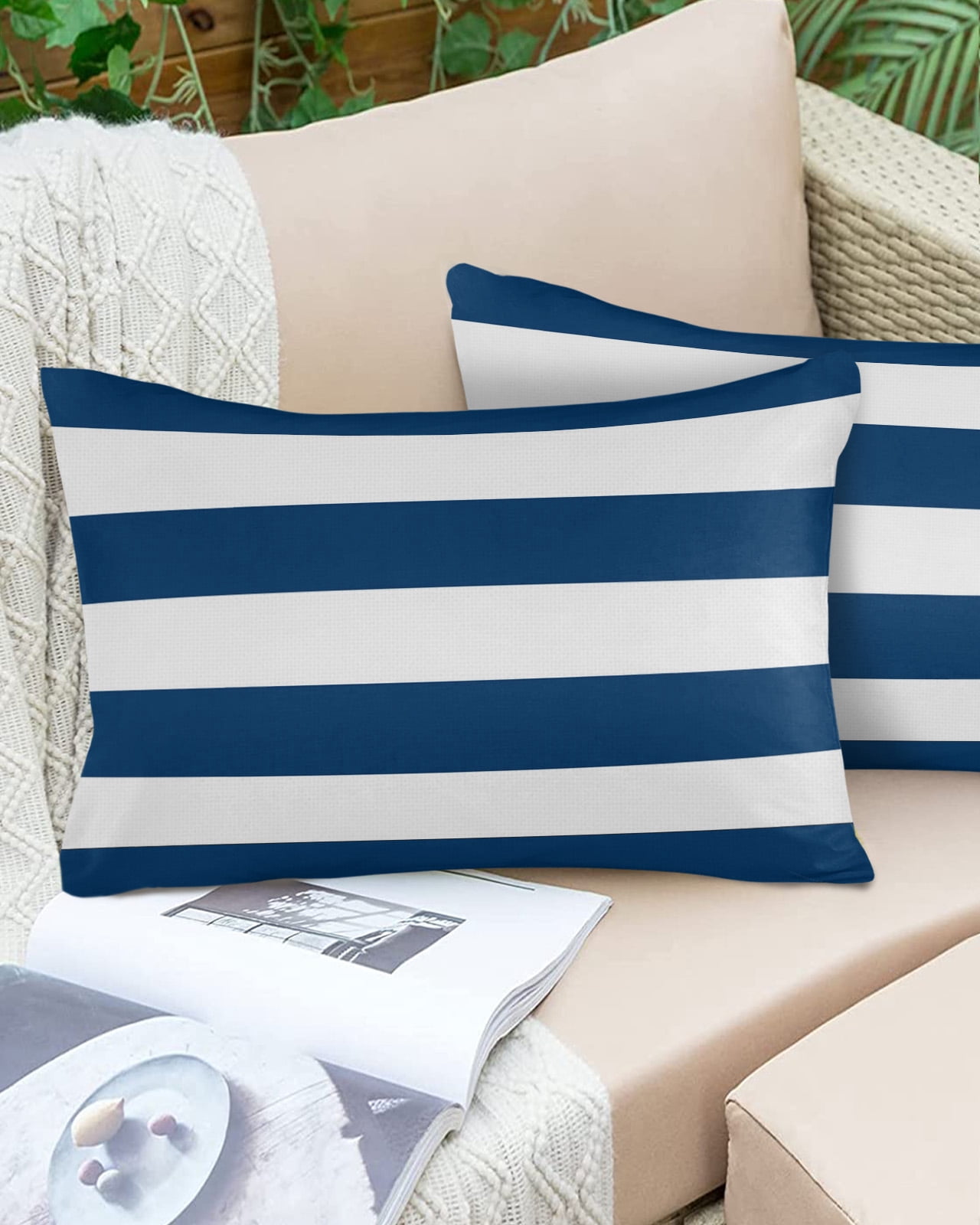 Pack of 2 Outdoor Pillow Covers, Classic Blue and White Stripe Pattern Waterproof Square Throw Pillowcase Cushion Decorative Pillow Covers for Couch Patio Tent, 20x12 in