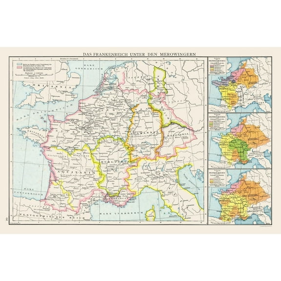 Historic Map - Frankish Kingdom Merovingians - Droysen 1886 - Vintage Wall Art
