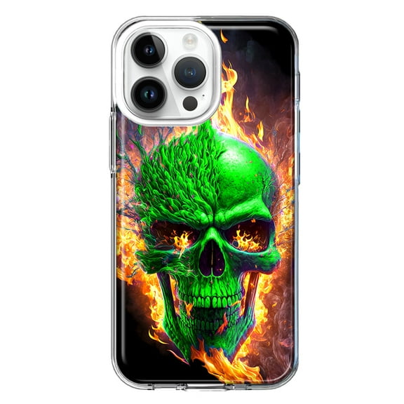 MUNDAZE Case for Apple iPhone 15 Pro Max Slim Hard Shell Soft TPU Hybrid Shockproof Heavy Duty Protective Phone Cover - Green Flaming Skull Burning Fire