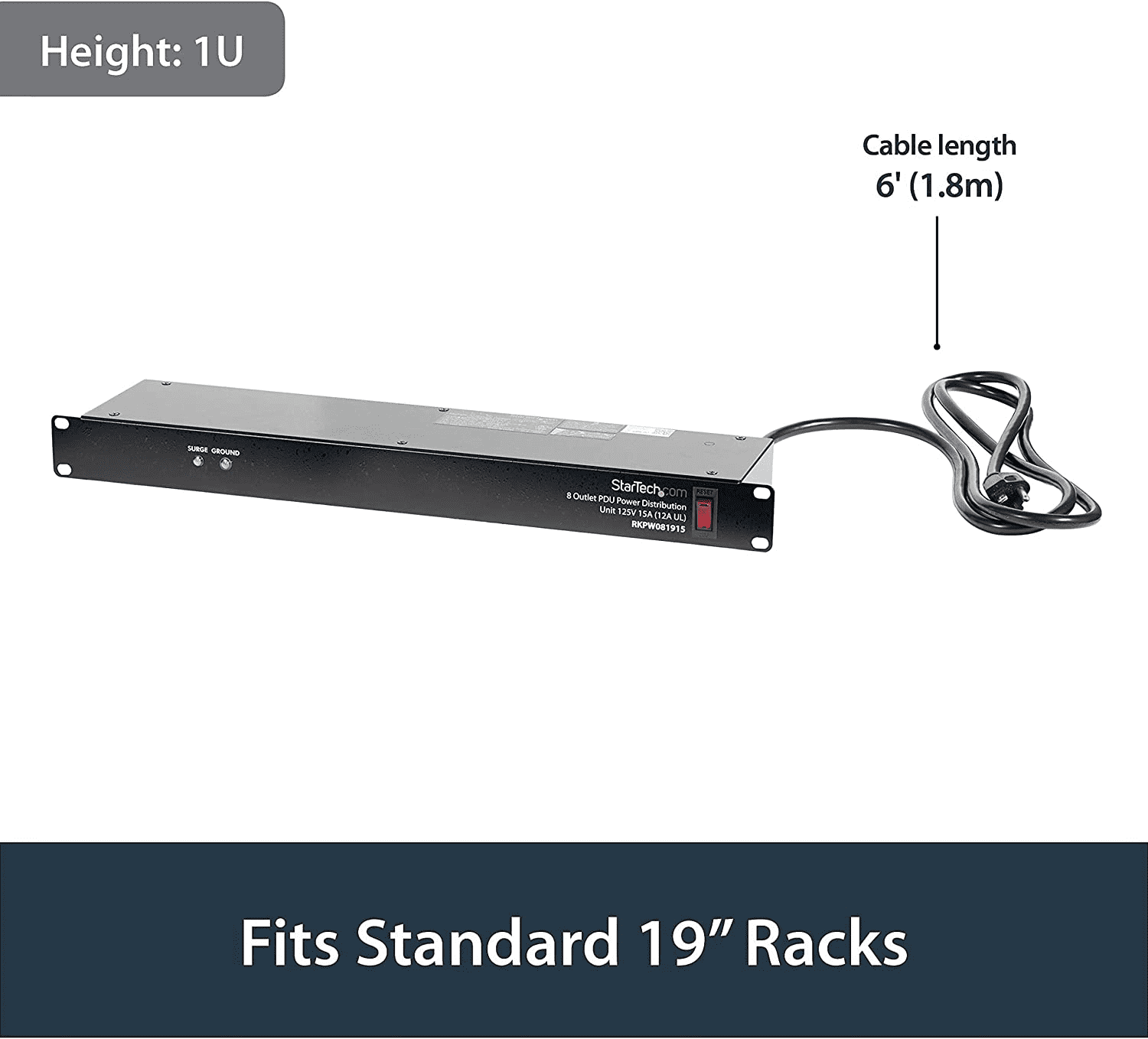 StarTech.com 8 Outlet Horizontal 1U Rack Mount PDU Power Strip for Network Server Racks - Surge Protection - 120V/15A - with 6 Ft Power Cord (RKPW081915), Black