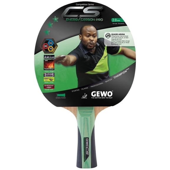 GEWO CS Energy Carbon Pro Pre-Assembled Table Tennis Racket, ITTF Approved Ping Pong Paddle, CARA Carbon Blade, Thunderball 2 Rubber, Flared Handle