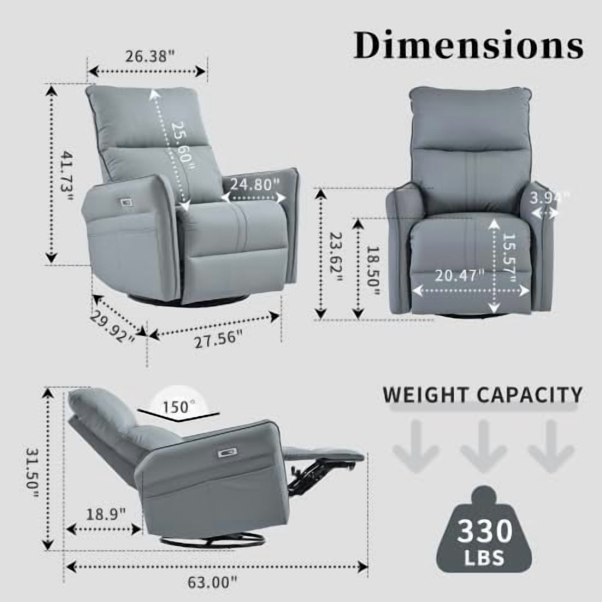 270° Power Swivel Rocker Recliner Chair, Electric Glider Reclining Sofa with USB Ports, Power Swivel Glider, Rocking Chair Nursery Recliners for Living Room