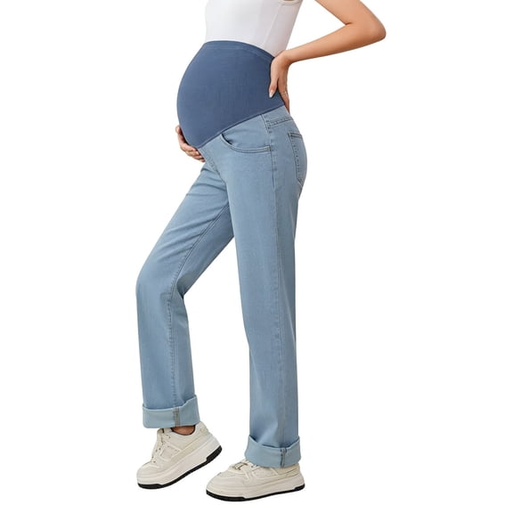 Cavosen Maternity Jeans for Women Fleece Over The Belly High Waist Wide Leg Soft Palazzo Pants Stretch Solid Pregnancy Pants Versatile Pants Light Blue S