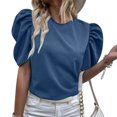 thumbnail image 4 of KBZDBZC Womens Shirts Womens Solid Color Casual Round Neck T Shirt Puff Sleeve Tops Ruched Elegant Summer Tshirts Top Women Shirts Women's T-Shirts (Dark Blue,S), 4 of 6