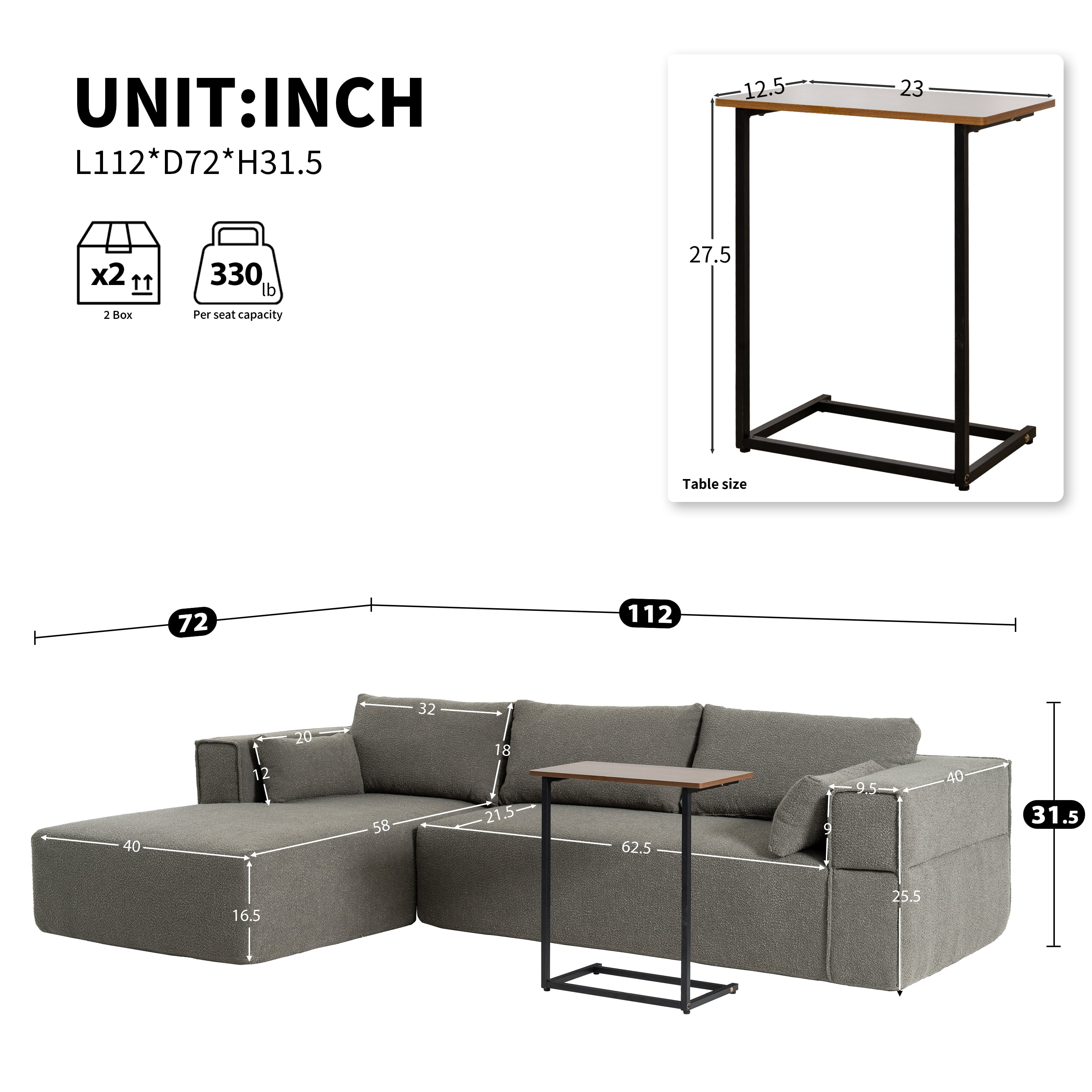 Sectional Sofa, Modular Couch, L-Shaped Fully Compressed with Free Side Table and 2 Pillows, No Assembly Required, Wrinkle-Resistant Boucle Fabric for Living Room, 112 Inch, Grayish Green
