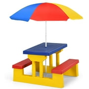 ANHXN Kids Picnic Table, Portable Kids Outdoor Furniture w/Removable & Adjustable Umbrella, Plastic Bench Set, Gift for Boys Girls 3+, Toddler Picnic Table for Patio, Backyard