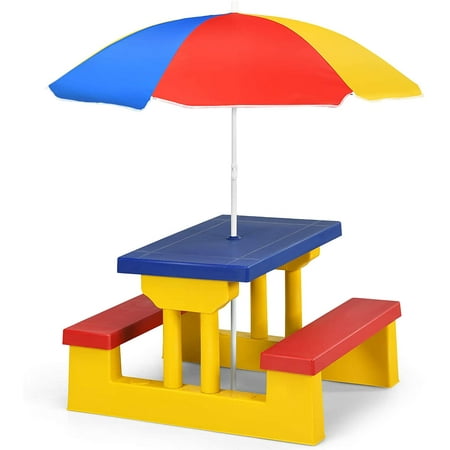 ANHXN Kids Picnic Table, Portable Kids Outdoor Furniture w/Removable & Adjustable Umbrella, Plastic Bench Set, Gift for Boys Girls 3+, Toddler Picnic Table for Patio, Backyard