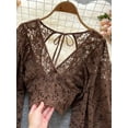 thumbnail image 2 of ZOELNIC Women's Sheer Lace Blouse with Tie Back & Lantern Sleeves, Long Sleeve Crop Top, 2 of 5