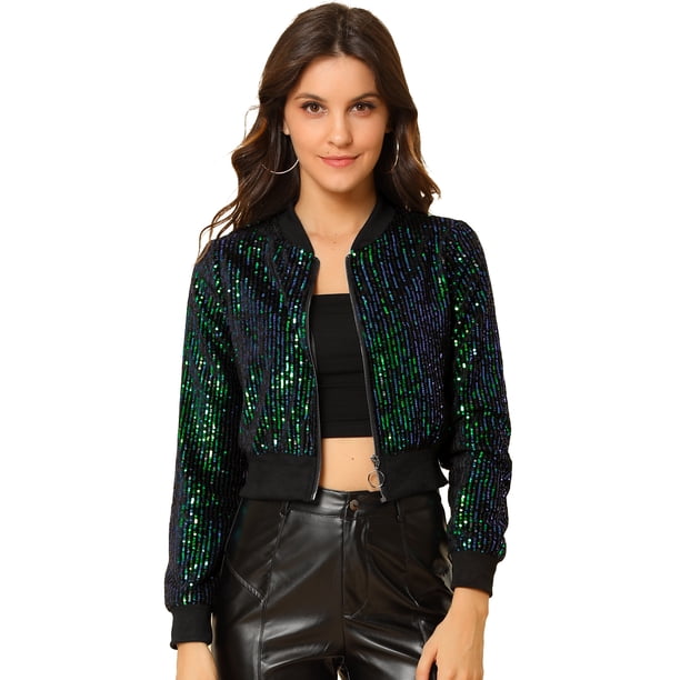 Chaqueta Lentejuelas Tipo Aviador Cremallera En Parte Delantera Purpurina Brillante Verde T S
