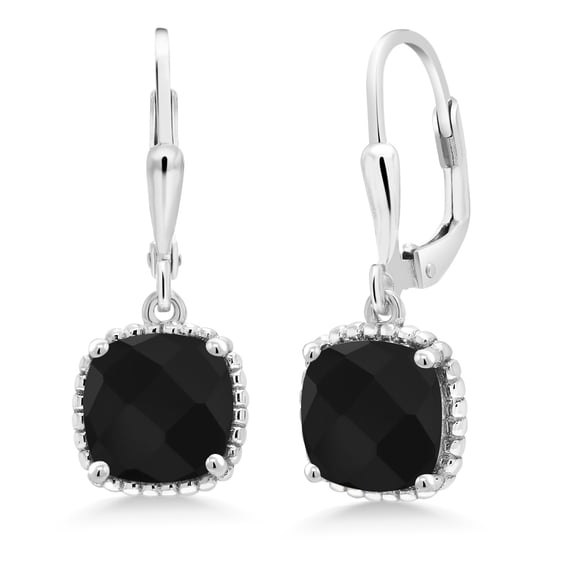 Gem Stone King 925 Sterling Silver Black Onyx Earrings for Women (4.22 Cttw, Gemstone Birthstone, Cushion Checkerboard Cut 8MM)