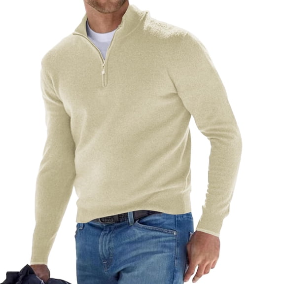 Men's Zip Sweater Casual Mock Neck Pullover Ribbed Knit Polo Sweater