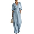 thumbnail image 2 of Women's Light Blue V-Neck Wide-Leg Jumpsuit, Batwing Sleeve Ruched Waist Maxi Jumpsuit Blue M, 2 of 3
