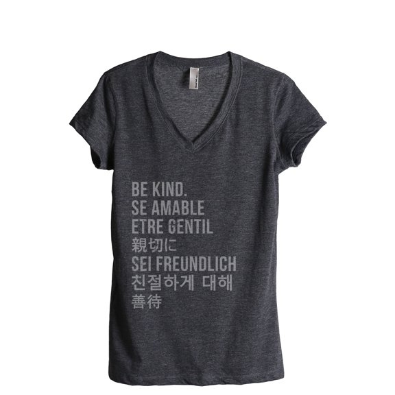 Be Kind Languages Women's Fashion Relaxed V-Neck T-Shirt Tee Charcoal Grey Large