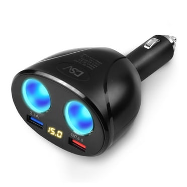 DSV Standard USB Car Charger 2 Socket Cigarette Lighter Usb Charger 12V/24V Dual 3.1A & QC3.0 Fast Charging, Cigarette Lighter Adapter Separate Switch LED Voltage Display for Phone, GPS, Car DVR