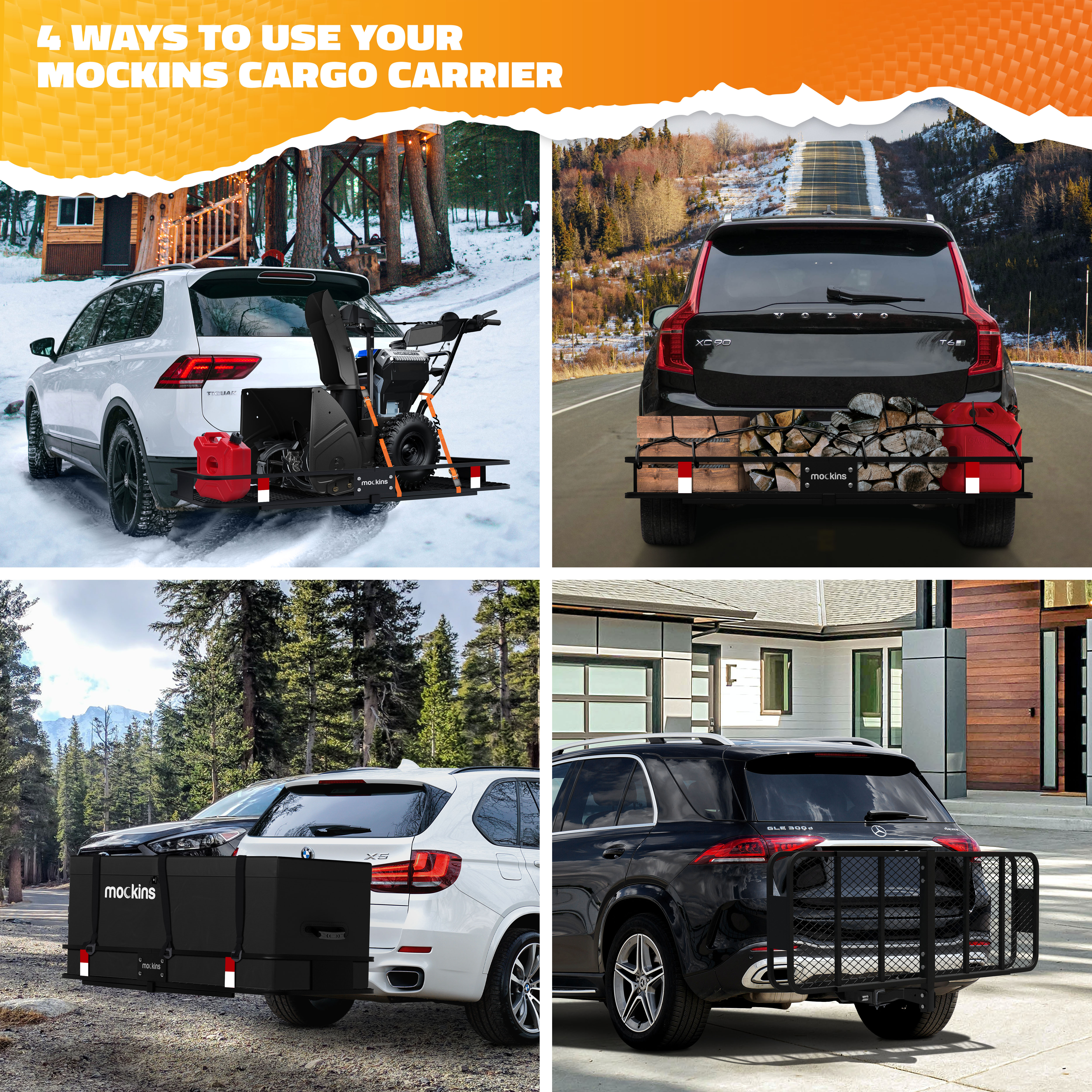 Mockins 60x20x6 Car Cargo Carrier Hitch Mount | 500 lbs Cap. Folding  Hitch Basket with 16 CF Cargo Bag