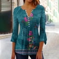 thumbnail image 2 of Pompotops Women's Casual Trumpet 3/4 Sleeve Printed Buttoned Basic Ruched Tops Pleated T-shirts Blouses Clearance, 2 of 5