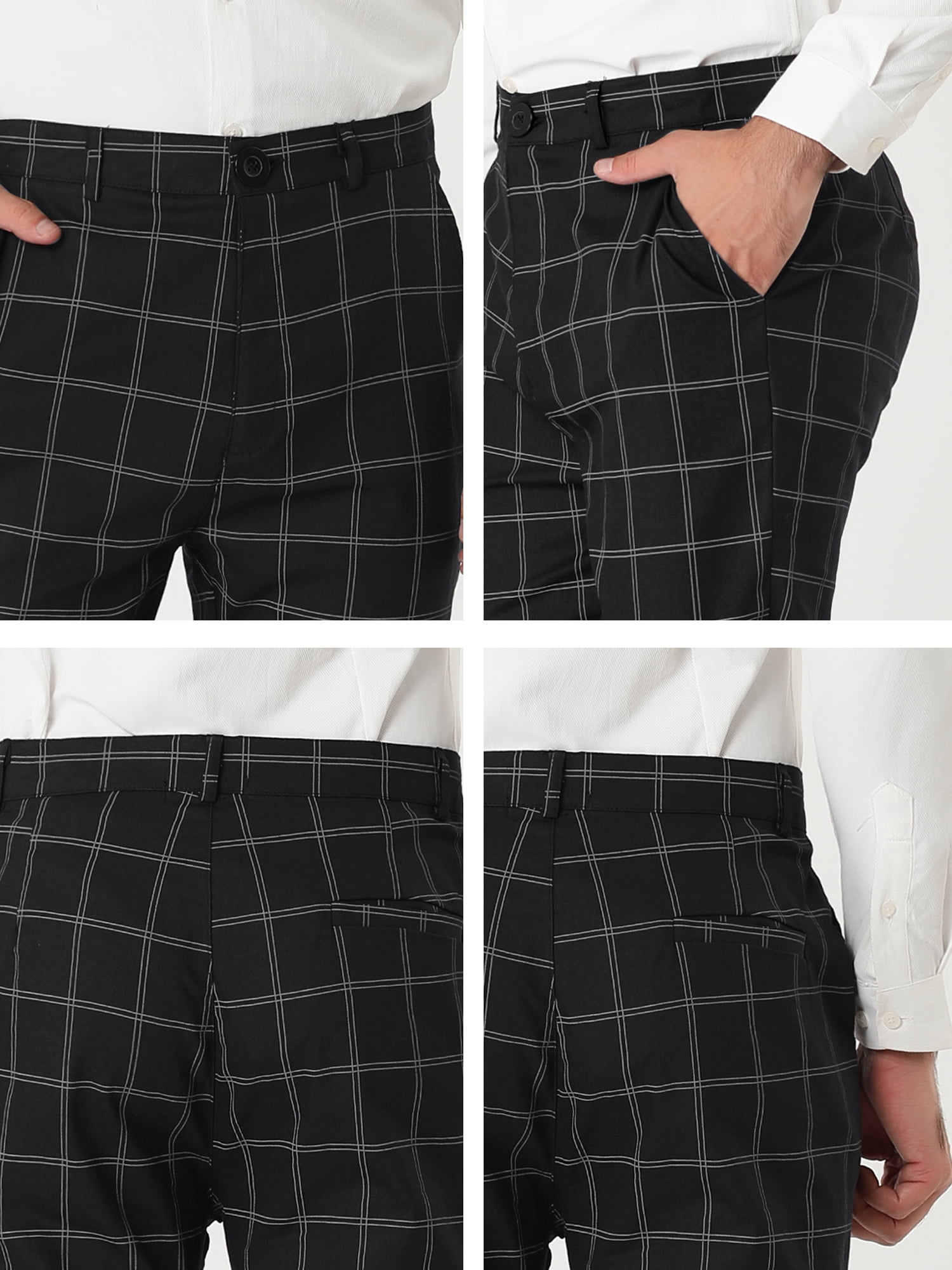 Unique Bargains Men's Slim Fit Plaid Business Pants Trousers with Pockets 36 Black