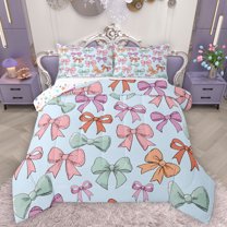 Homewish Cute Cartoon Bowtie Full Size Comforter Sets,Kawaii Bow Ribbon Bedding Comforter Set,Watercolor Bowknot Bedding Sets For Girls Kids,Super Cozy Room Decor Reversible,3pcs