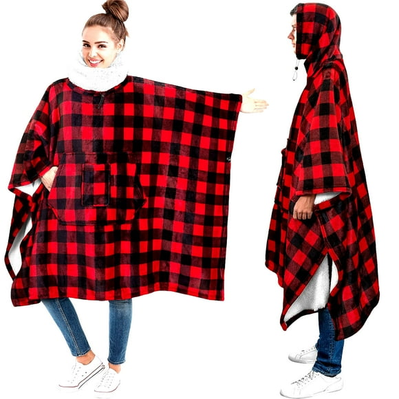 CozyHug Oversized Fleece Hoodie Poncho - Warm Blanket Sweatshirt for Men & Women, Perfect Gift for Sister, Checker Red