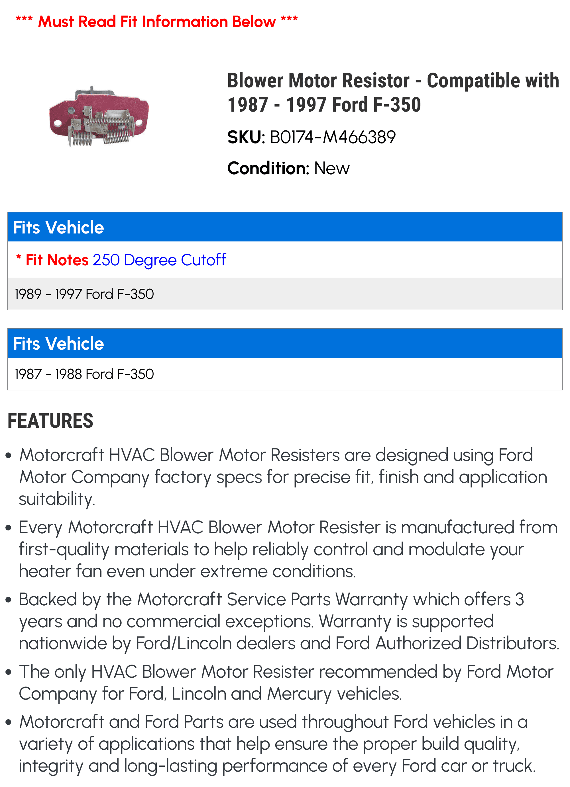 Blower Motor Resistor - Compatible with 1987 - 1997 Ford F-350 1988 1989 1990 1991 1992 1993 1994 1995 1996