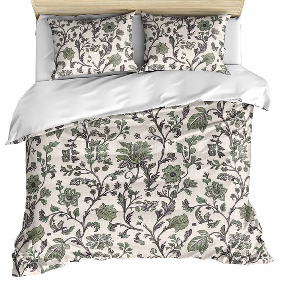 Sage Green Leaf Bedding 3 Piece Duvet Cover Set Twin Size, Vintage Farmhouse Boho Pastoral Tribal Soft Microfiber Comforter Cover with Zipper Closure & Pillowcases, FadeResistant Quilt Cover