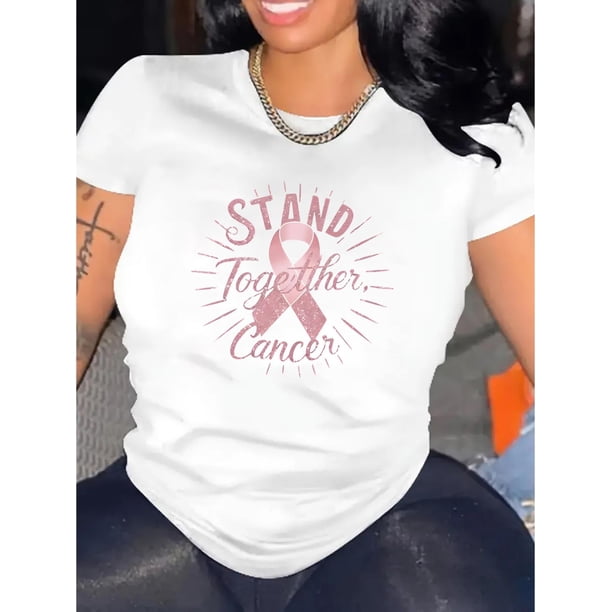 Camiseta de Verano para Mujer Suave Cuello RedondoAwareness Women's Black T-Shirt with Pink Ribbon Graphic - Casual & Sporty Round Neck Short Sleeve, Comfortable Polyester Blend Summer Top, Awarenes