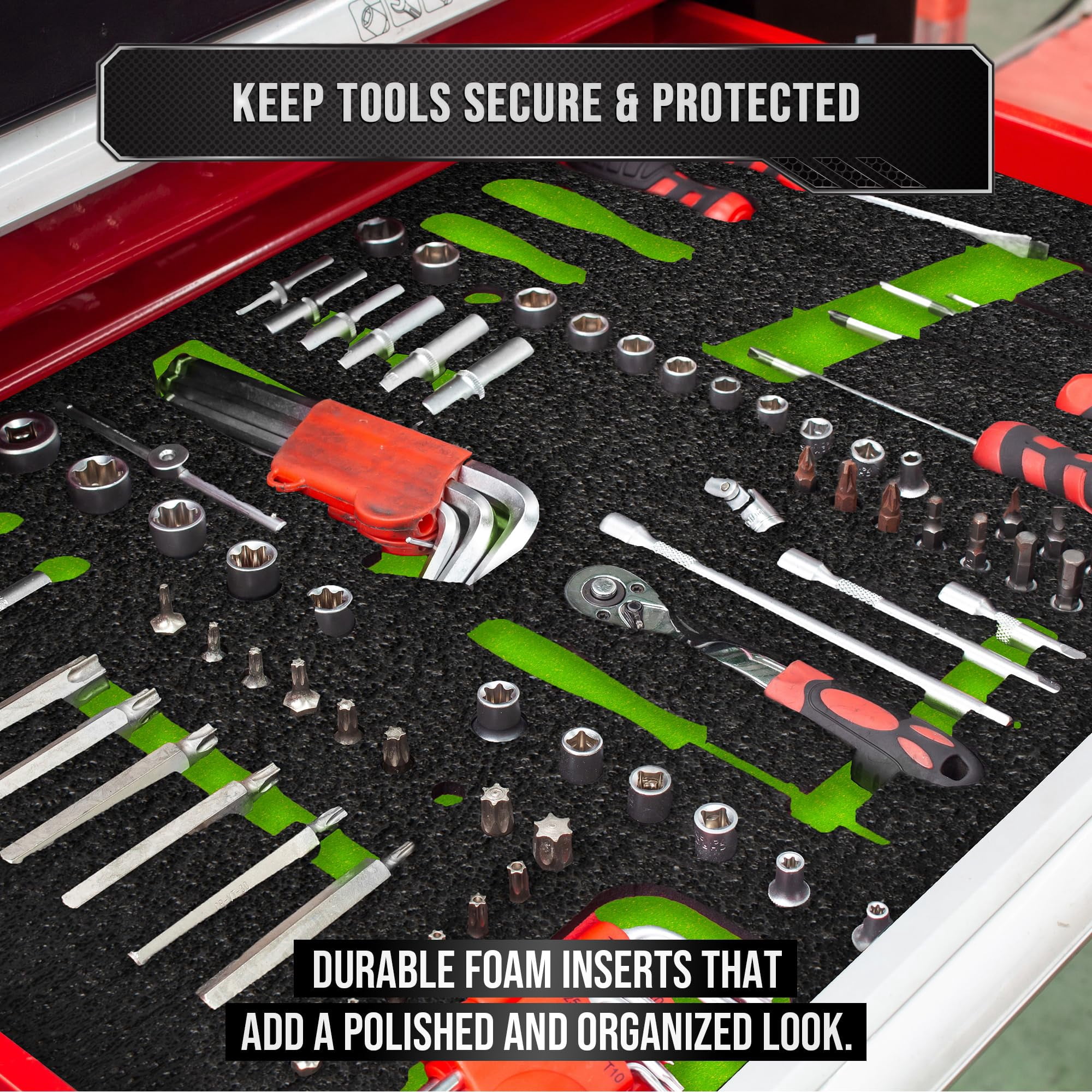 Precision Defined Tool Box Foam - Protective Inserts for Cases, Polyethylene Tool Foam for Cases, Cushion Insert for Toolboxes - 18" Black/Green (3 pack)