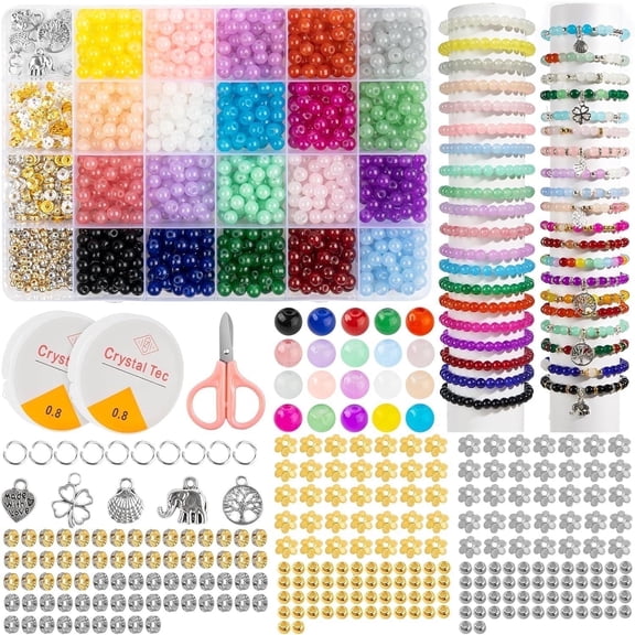 1258pcs 6mm Glass Beads for Jewelry Making, Bracelet Making Kit 24 Style Crystal Beads Round Beads for DIY Crafts with Spacer Beads Charms Accessories