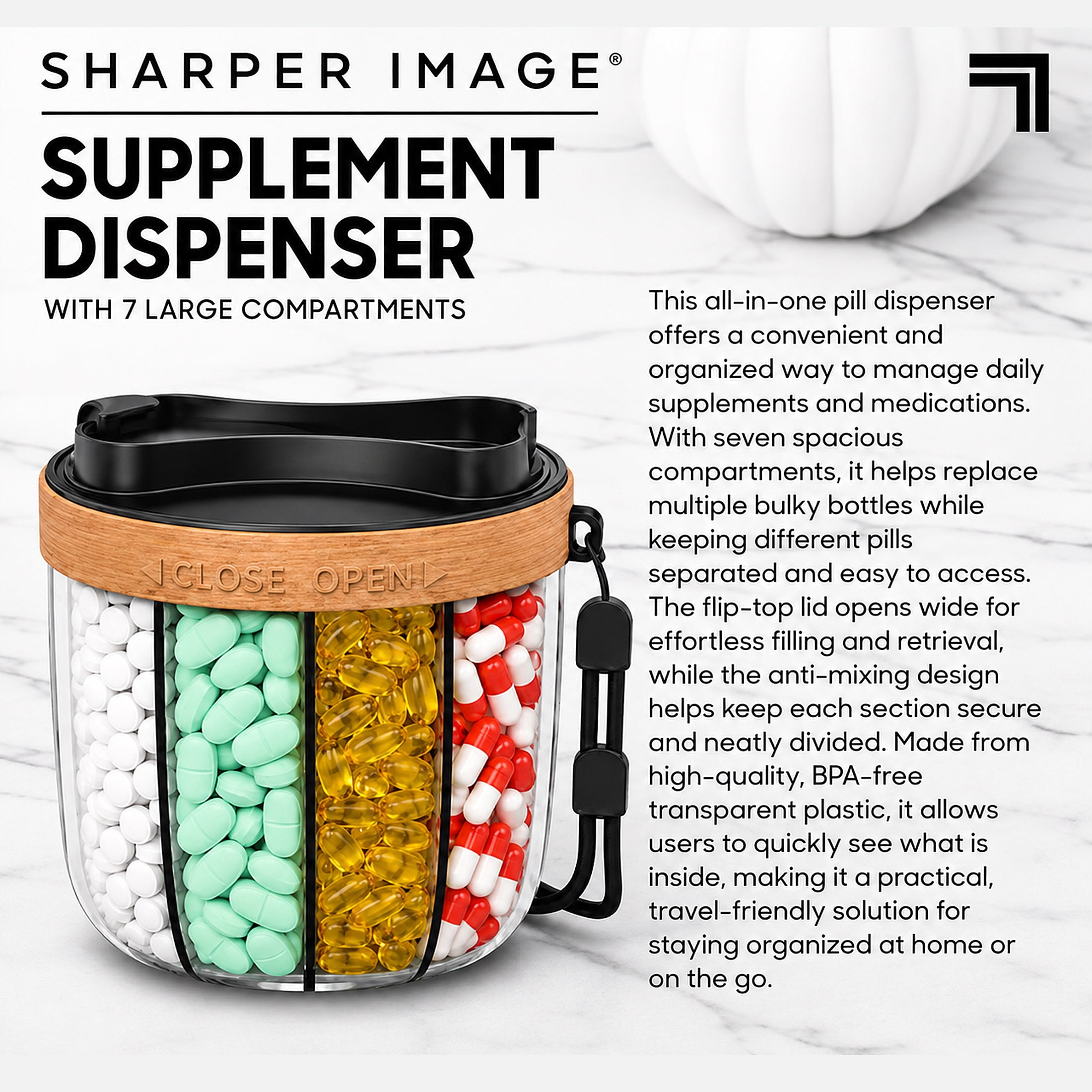 Sharper Image Supplement Dispenser with 7 Large Compartments, BPA-Free Weekly Pill Organizer, Flip-Top Lid, Travel Friendly, 1 Count