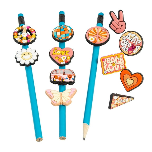 Fun Express 3/4" Groovy Rubber Pencil Charms Assortment - 24 Pieces