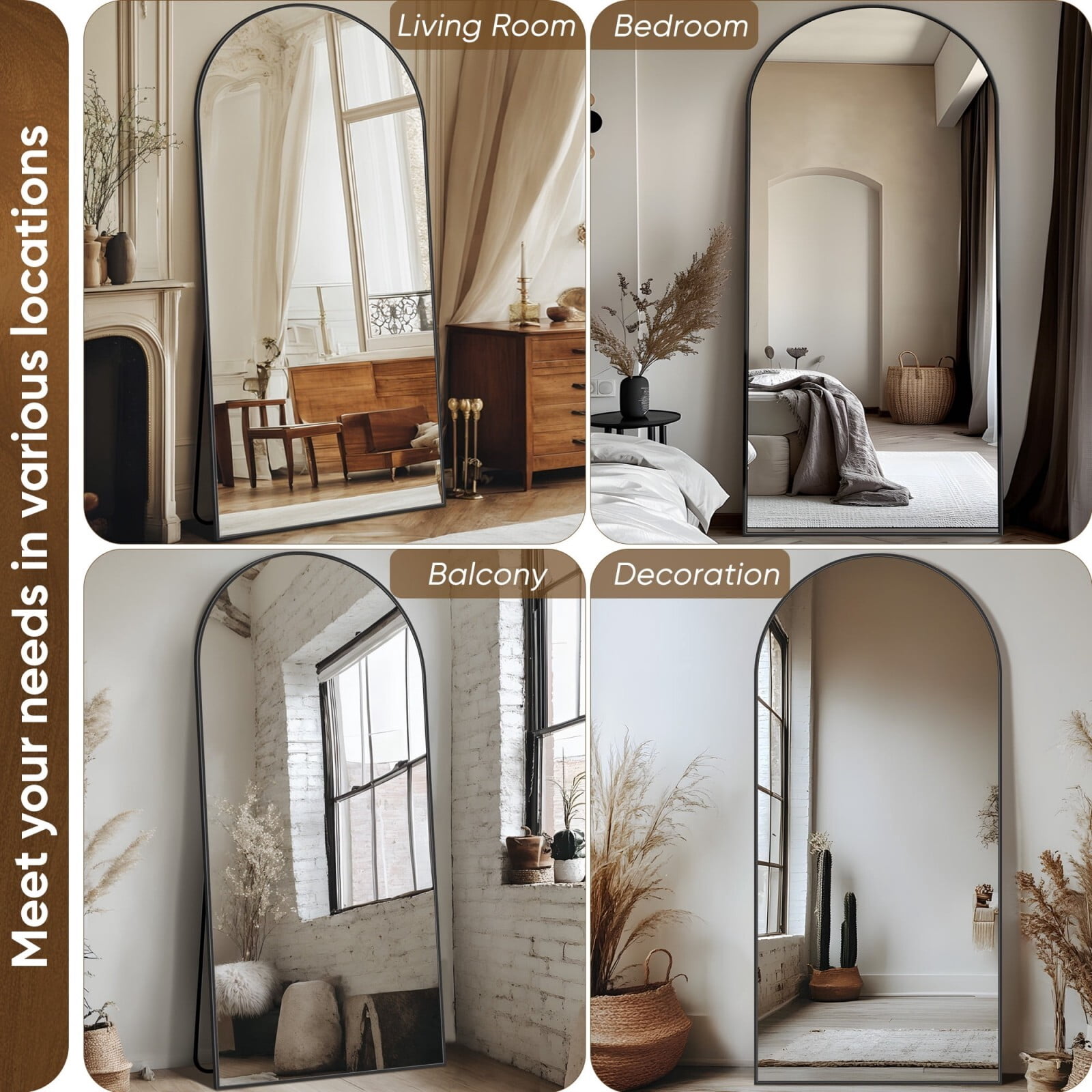 Mirrasia 30"x71" Arched Full Length Mirror, Modern Standing Mirror Floor Mirror, Black