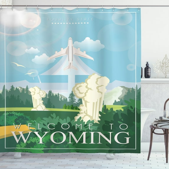 Wyoming Shower Curtain, Sweet Digital Cartoonish Illustration of Traveling Equality State Themed Welcome, Fabric Bathroom Set with Hooks, 69"W X 84"L Extra Long, Multicolor, by Ambesonne