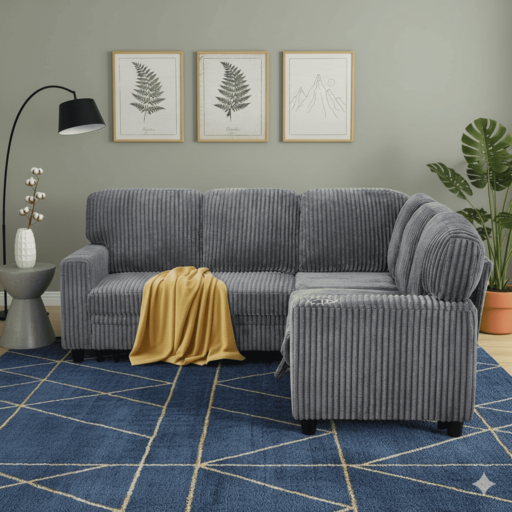 81" Modular Sectional Sofa, Corduroy Pull Out Couch Bed Sleeper Sofa Bed with Storage Seat, Cup Holders & USB/Type-C Ports, V Shaped Sectional Couch for Home Living Room (Grey)