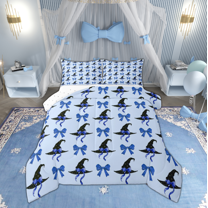 Manfei Halloween Witch Hat Queen Comforter Set, Girly Blue Cartoon Bedding Sets, Princess Bow-tie Reversible Bedding Comforter Set, Luxury Bedroom Decor, 3 Pieces