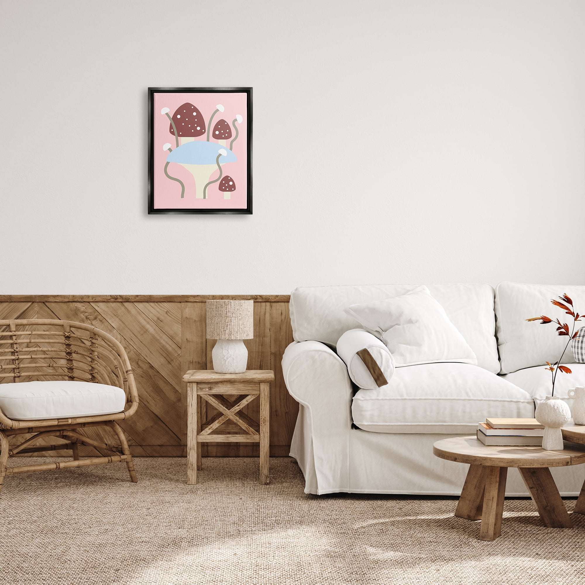 Stupell Industries Fun Mushrooms on Pink Botanical & Floral Painting Black Floater Framed Canvas Art Print Wall Art, 17 x 21