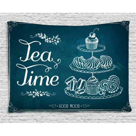 Tea Tapestry, Pastries Bakery Cookies Muffin Cake Biscuit Morning Sweet Brunch Menu Artful, Wall Hanging for Bedroom Living Room Dorm Decor, 60W X 40L Inches, Petrol Blue White, by