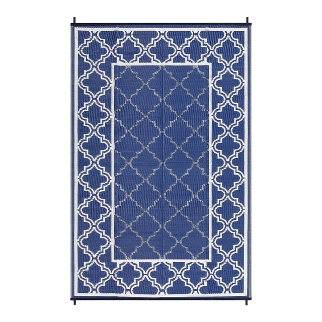 Reversible Waterproof Outdoor Rug, Plastic Straw Patio Carpet Geometric Design, Collapsible Non Shedding Easy Clean for Patio Deck Porch RV Camping Backyard, Peony Brown/Dark Blue/Black+White