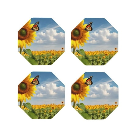 

Fuzoiu butterfly and sunflower Print Leather Coasters Set Drink Coasters Set of 4 for Tabletop Protection Durable PVC Coasters Home Décor and Housewarming Gift-Octagon
