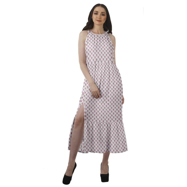 Moomaya Robe Imprimée Femme Fête Mariage Tenue de Soirée Col Halter Rayonne Robe Maxi