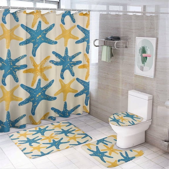 4 Pcs Shower Curtain Sets Bathroom Sets with Shower Curtain And Rugs 4 Piece Starfish Beach Waterproof Durable Bathroom Decor Shower Summer Sea Blue for Bathtub Decor