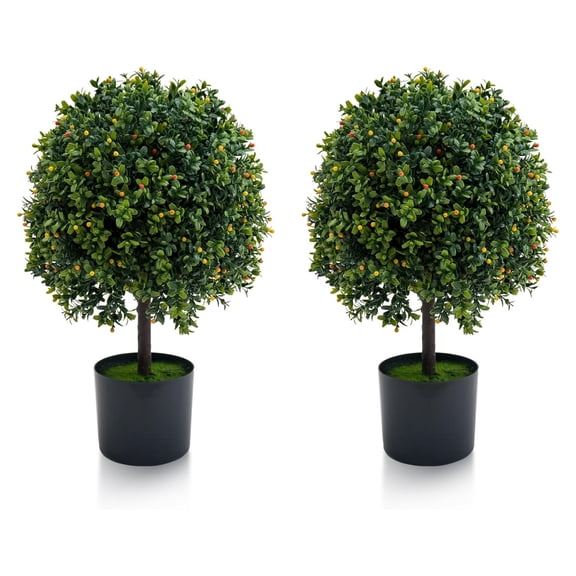 20" Artificial Topiary Trees Set of 2, Fake Topiary Boxwood Ball Tree, Faux Shrubs Plants Green Decor Indoor Porch,Garden