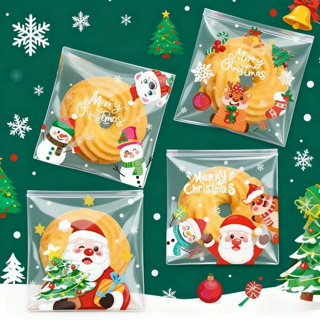 Kugachren Christmas Candy Bags Adhesive OPP Snack Packaging, Festive Holiday Party Gift Bags for Sweets, Biscuits, Treats, Multicolor Plastic Bags 10x10cm