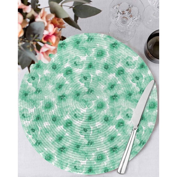 13 Inch Round Placemats Set of 6, Green Flowers Non Slip Heat Insulation PP Table Mats, Vintage Floral Leaves Pastoral Country Washable Place Mats for Kitchen Dining Party Table Decor