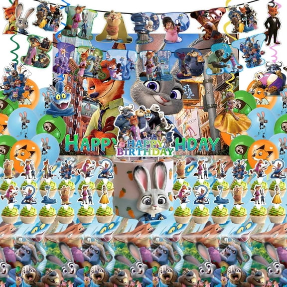 Zootopia Party Decorations, Zootopia Birthday Party Supplies, Include Happy Birthday Banner, Backdrop, Tablecloth, Balloons, Cake Toppers, Hanging Swirls for Kids Party