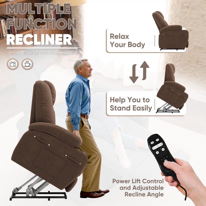 Homall Power Lift Recliner Chair with Massage for Living Room Recliner Chair for Elderly with Infinite Position Side Pocket and Saucer,Linen Brown
